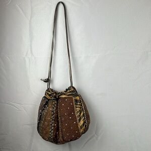 Rita Diana for Mylinka Beaded Animal Print Patchwork Drawstring Bag Y2K Hobo